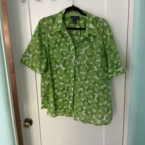 Vintage Green Floral Button-Up Blouse | Short Sleeve Lightweight Top, Size 2XL